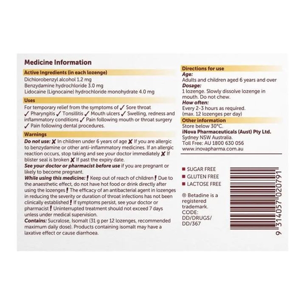 Viên ngậm trị đau họng Betadine Anaesthetic Lozenges Honey & Lemon Sore Throat