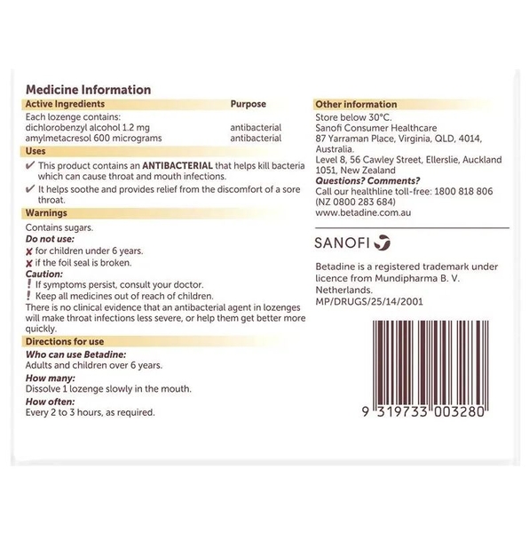 Viên ngậm trị viêm họng Betadine Sore Throat Lozenges Soothing Honey & Lemon