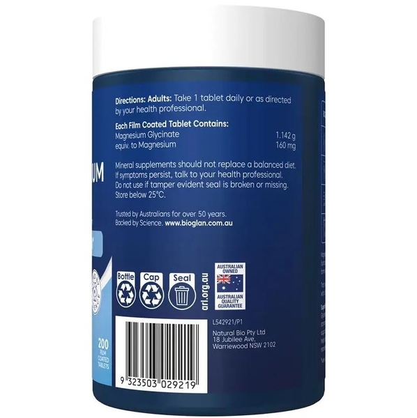 Viên uống bổ sung Magie hỗ trợ cơ bắp và hệ thần kinh Bioglan Active Magnesium Glycinate 200 viên