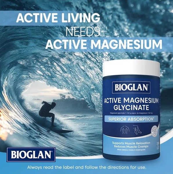 Viên uống bổ sung Magie hỗ trợ cơ bắp và hệ thần kinh Bioglan Active Magnesium Glycinate 200 viên