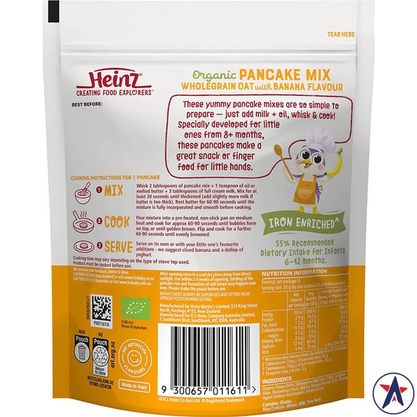 Bột bánh cho bé Heinz Organic Pancake Mix Wholegrain Oat Banana Flavour 125g