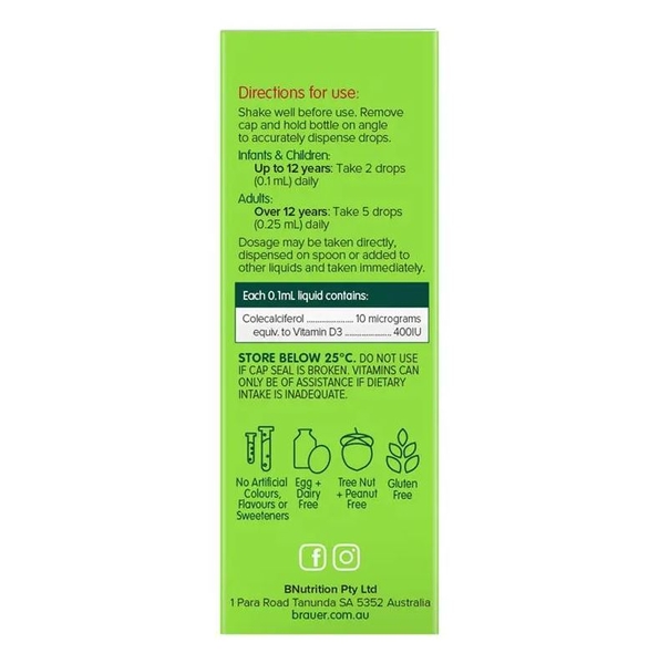 Siro Brauer Baby Kids Liquid Vitamin D 400IU của Úc 10ml