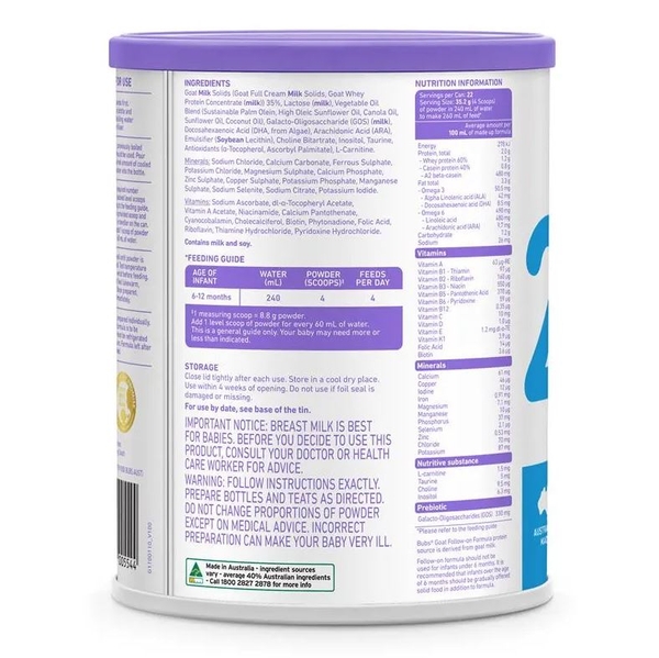 Sữa dê Bubs Australian Goat Milk của Úc số 2 (800g) (6-12 tháng)