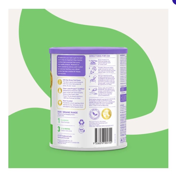 Sữa Bubs Organic số 2 Grass Fed Follow On 800g cho trẻ 6-12 tháng