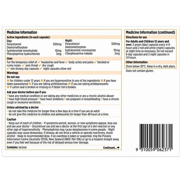 Viên uống trị cảm cúm & ho khan Codral Cold & Flu + Cough Day & Night