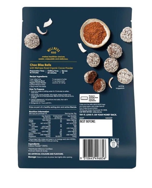 Bột cacao hữu cơ Coles Wellness Road Organic Cacao Powder