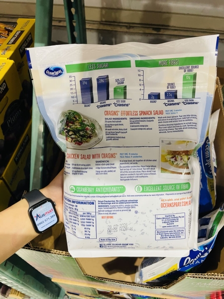 Nam việt quất khô ít đường Ocean Spray Craisins Dried Cranberries 50% Less Sugar 1.2 kg