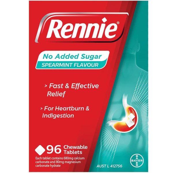 Viên nhai giảm khó tiêu và ợ nóng Rennie No Added Sugar Indigestion and Heartburn Relief