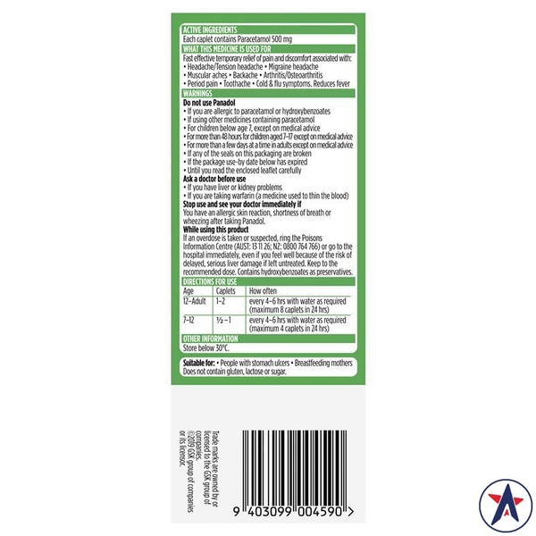 Giảm đau hạ sốt Panadol Optizorb Paracetamol Pain Relief 20 viên oval