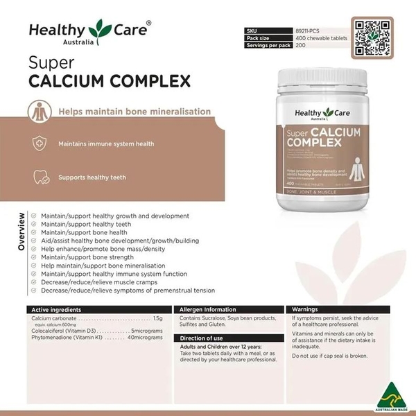 Viên bổ sung canxi Healthy Care Super Calcium Complex 400 viên