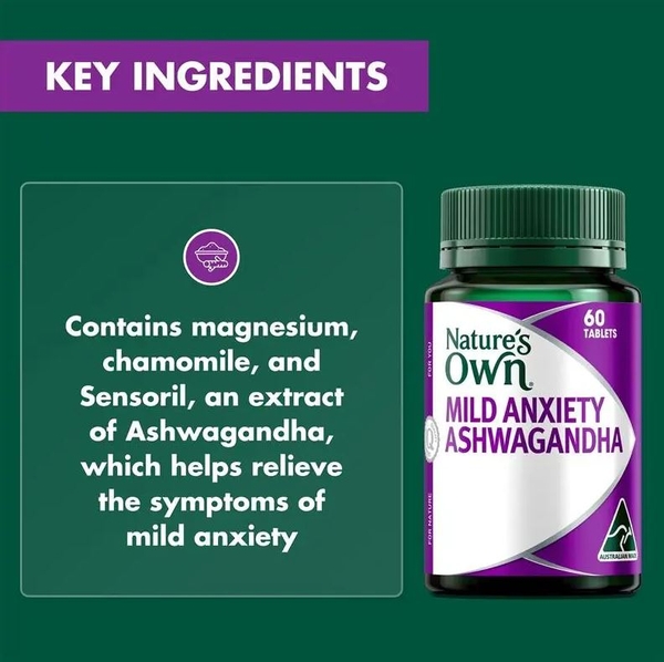 Viên uống giảm căng thẳng và thư giãn Nature's Own Mild Anxiety Ashwagandha 60 viên