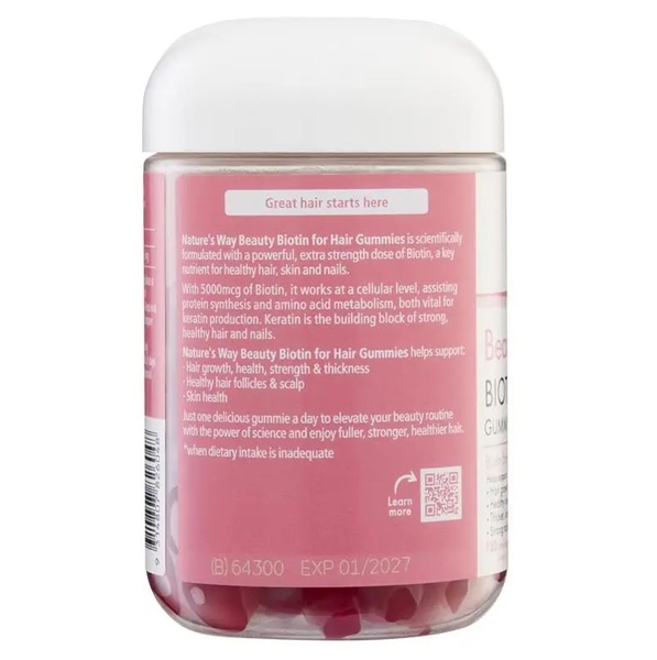 Kẹo mọc tóc & dày tóc Natures Way Beauty Biotin for Hair 120 viên