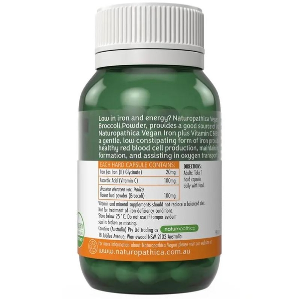 Viên bổ sung sắt thuần chay Naturopathica kèm bột Vitamin C & súp lơ xanh