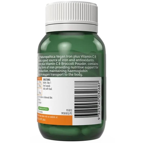 Viên bổ sung sắt thuần chay Naturopathica kèm bột Vitamin C & súp lơ xanh