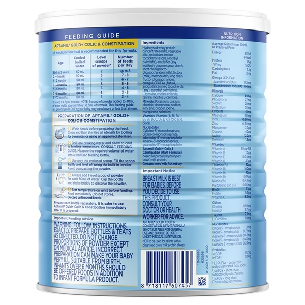 Sữa Aptamil Gold Plus Úc Colic & Constipation 900g (0-12 tháng)