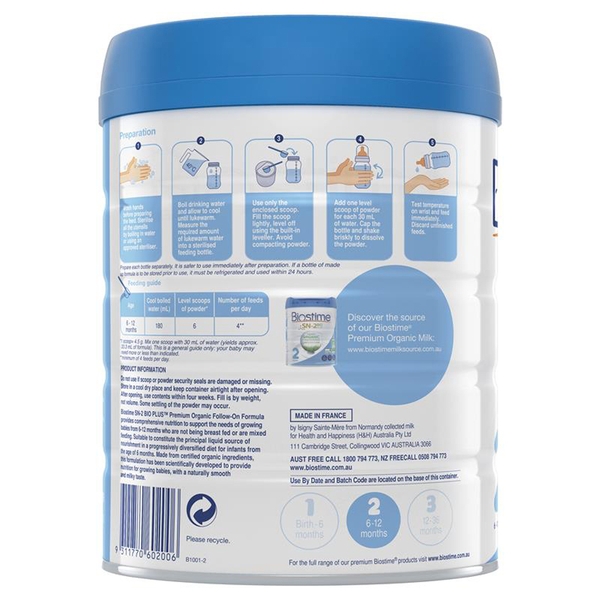 Sữa Organic Biostime SN-2 số 2 Premium 800g cho trẻ từ 6-12 tháng