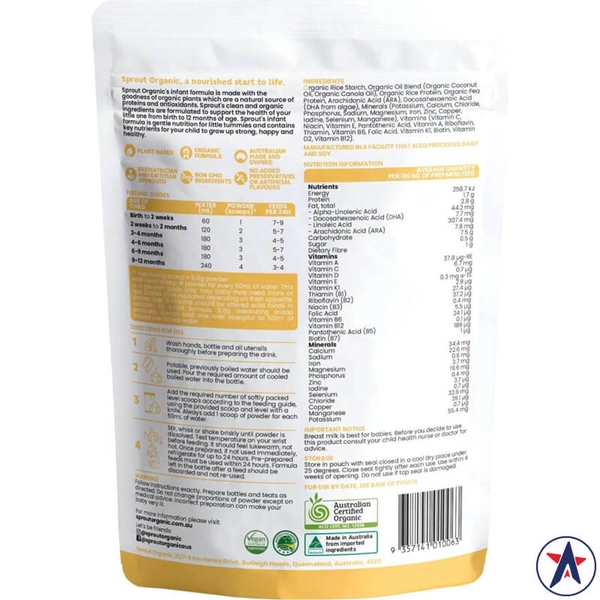 Sữa Sprout Organic Plant Based Infant cho bé dưới 1 tuổi