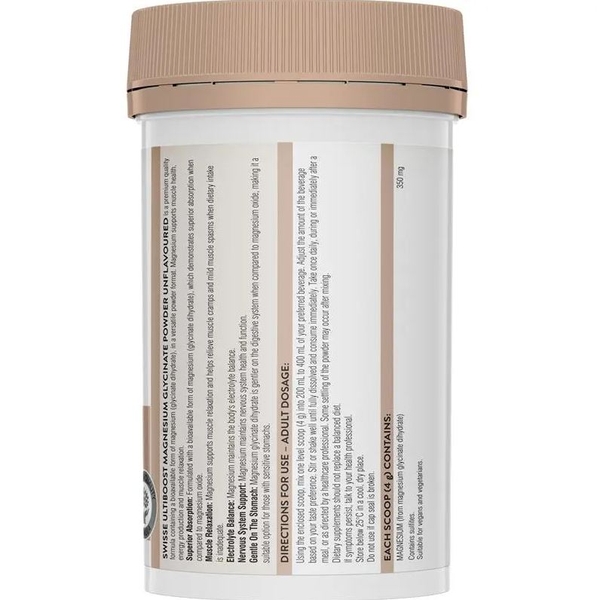 Bột uống Magie hỗ trợ cơ bắp Swisse Ultiboost Magnesium Glycinate Unflavoured Powder