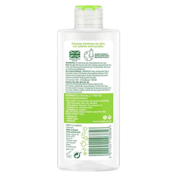 Nước hoa hồng Simple Soothing Facial Toner Kind To Skin 200ml