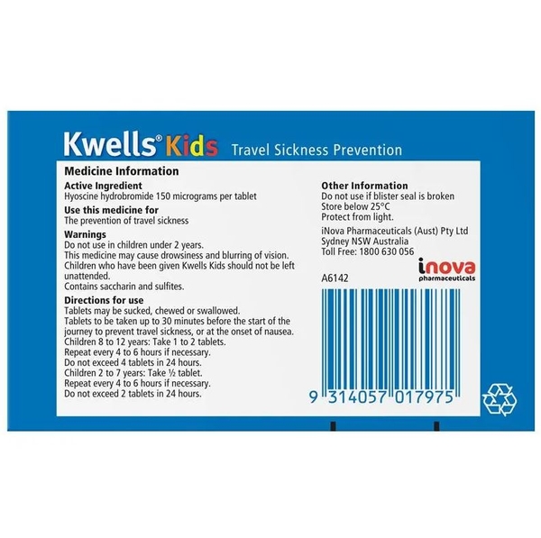 Viên nhai phòng và chống say tàu xe cho bé Kwells Kids Travel Sickness 12 viên