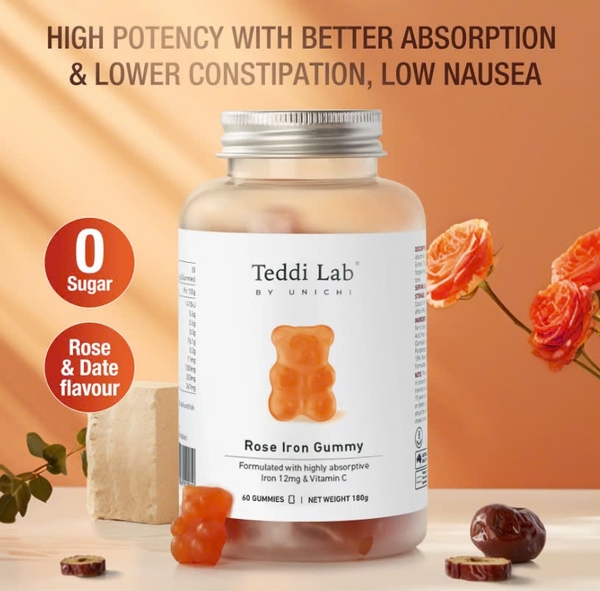 Kẹo dẻo bổ sung sắt Unichi Teddy Lab Rose Iron Gummy 60 viên