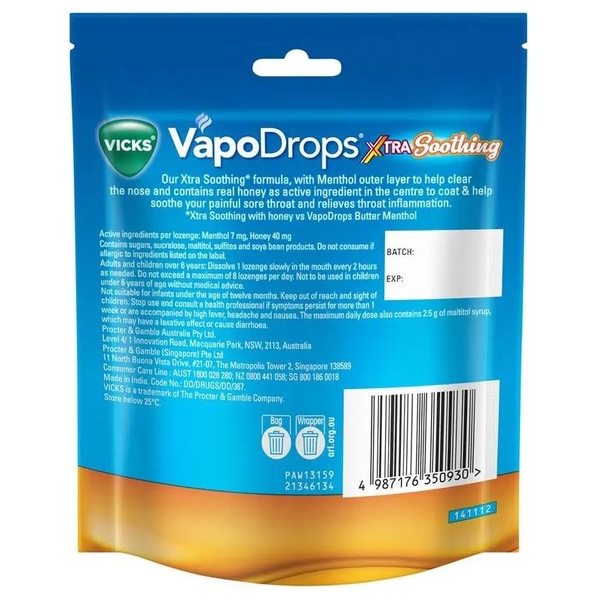 Kẹo ngậm ho vị mật ong Vicks VapoDrops Xtra Soothing