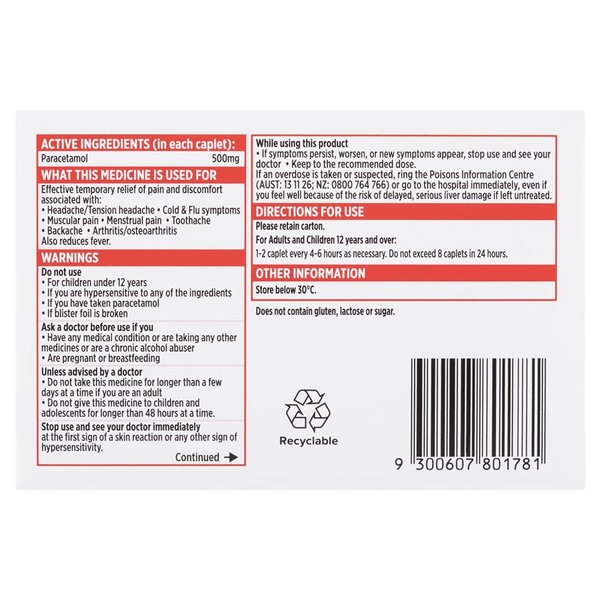 Tylenol giảm đau hạ sốt Paracetamol 500mg