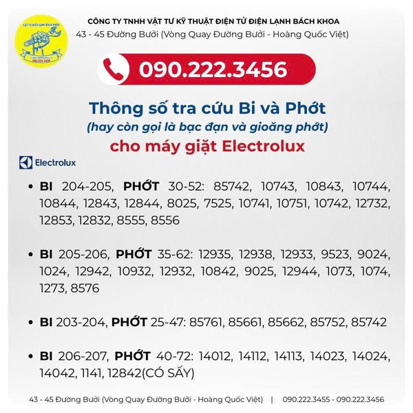 Tra cứu Bi, Phớt máy giặt Electrolux - 090.222.3456