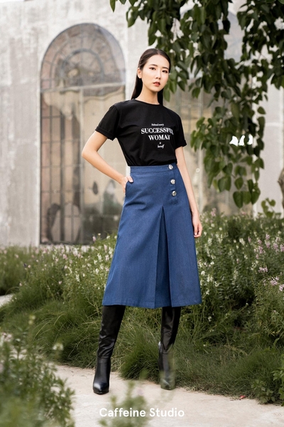 3 button denim midi skirt