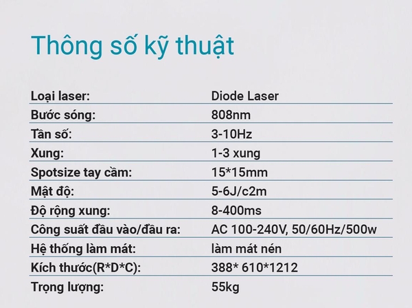 Thông số kĩ thuật máy triệt lông Clearlight