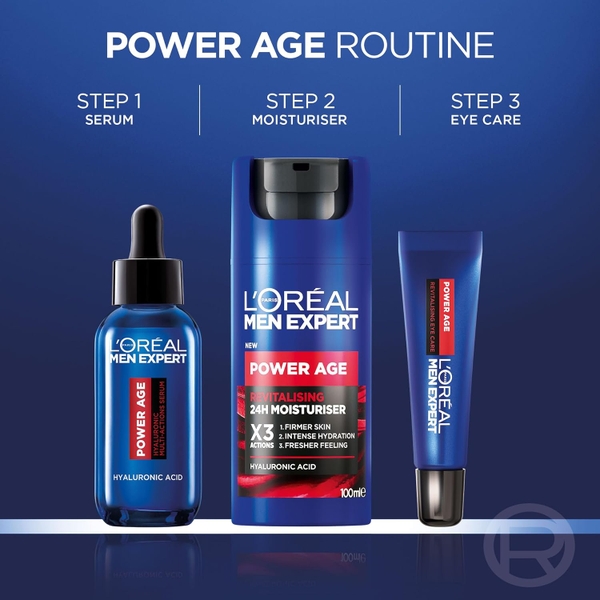 Serum chống lão hóa da khô nam L'Oréal Men's Serum, Hyaluronic Acid Serum for Ageing, Dry Dull Skin, Men Expert Power Age, 30ml