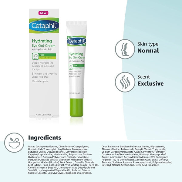 Kem dưỡng ẩm làm sáng và mịn vùng mắt Cetaphil Hydrating Eye Gel-Cream With Hyaluronic Acid, Deeply Hydrate, Brighten & Smooth Under-Eye