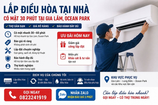Lắp Điều Hòa Tại Nhà – Có Mặt 30 Phút Tại Gia Lâm, Ocean Park
