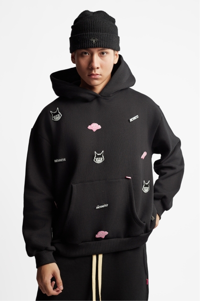 RICHNESS ESSENTIAL HOODIE BOXY + 3 PIN ICONIC ( BLACK )