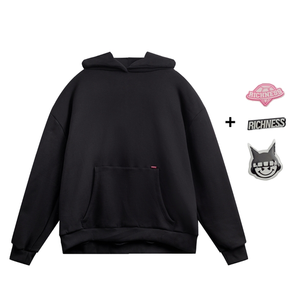 RICHNESS ESSENTIAL HOODIE BOXY + 3 PIN ICONIC ( BLACK )