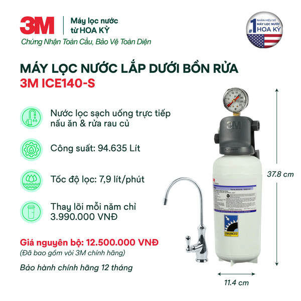 Máy Lọc Nước Lắp Dưới Bồn Rửa 3M ICE140-S Kèm Vòi 3M