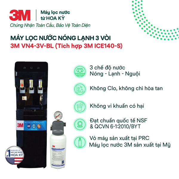 Cây Lọc Nước Nóng Lạnh 3M VN4-3V-BL (Sử Dụng 3M ICE140-S)