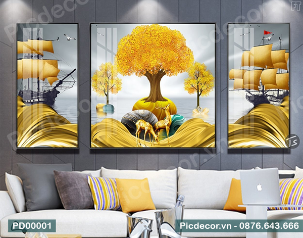 Demo_Bộ 3_Bộ 3 Tranh Cây Tiền Vàng Hươu và Thuyền Buồm
