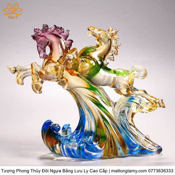 Tượng Trang Trí Nhà Cửa Hình Song Mã Bằng Lưu Ly cát tường vật phẩm phong thủy như ý