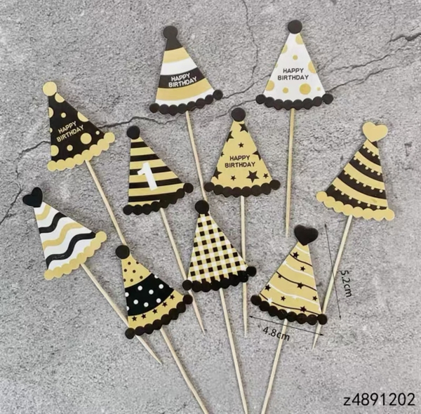 Set 50 cây cắm hình mũ (màu vàng-đen-trắng).
