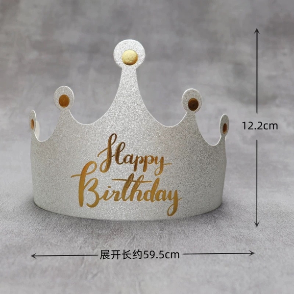 set 10 mũ vương miện giấy màu bạc (chữ HPBD nhũ vàng).