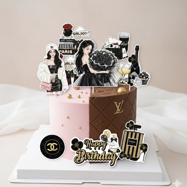 Combo 2 set giấy - cô gái ôm bó hoa đen và HPBD chùm bóng.