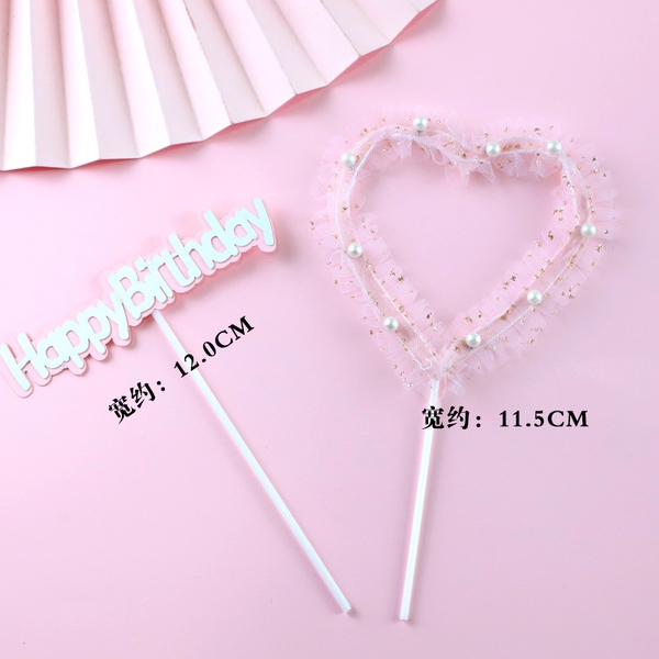 Set trái tim ngọc trai + chữ HPBD - HỒNG.