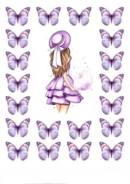 10 set giấy -  cô gái đội mũ màu tím và bướm giấy màu tím.