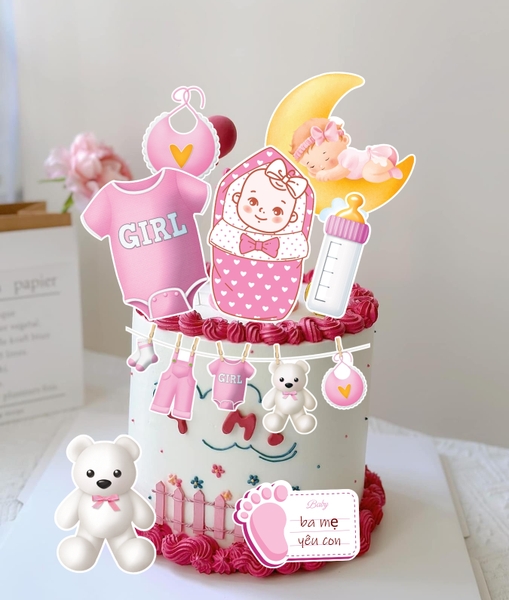 Combo 2 set giấy  - bé GÁI nằm trăng ngủ, dây quần áo, bảng viết chữ (HỒNG).