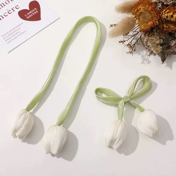 Nơ lụa hoa tuylip (kích thước to -45cm)-TRẮNG SỮA.