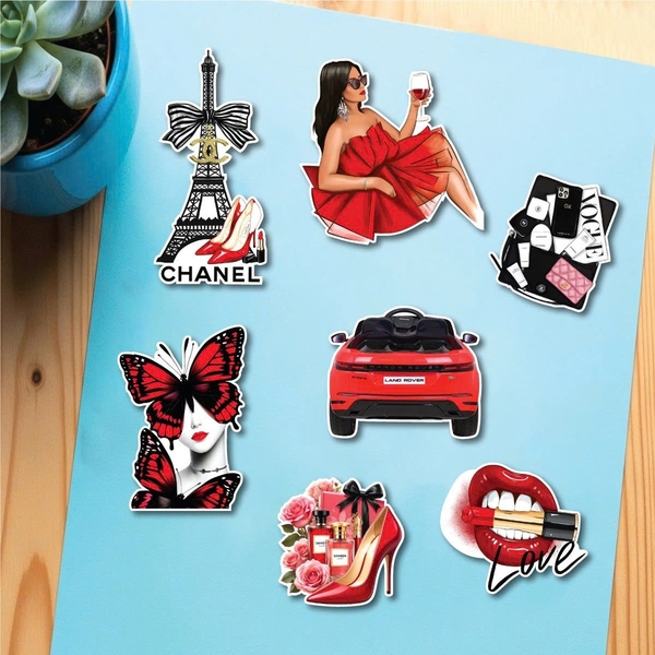 Combo 2 set giấy - cô gái màu đỏ, tháp pari, ô tô đỏ.