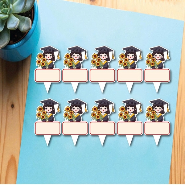 Set 50 thẻ giấy có chân cắm-bé GÁI CỬ NHÂN (MẪU 7-ôm hoa hướng dương).
