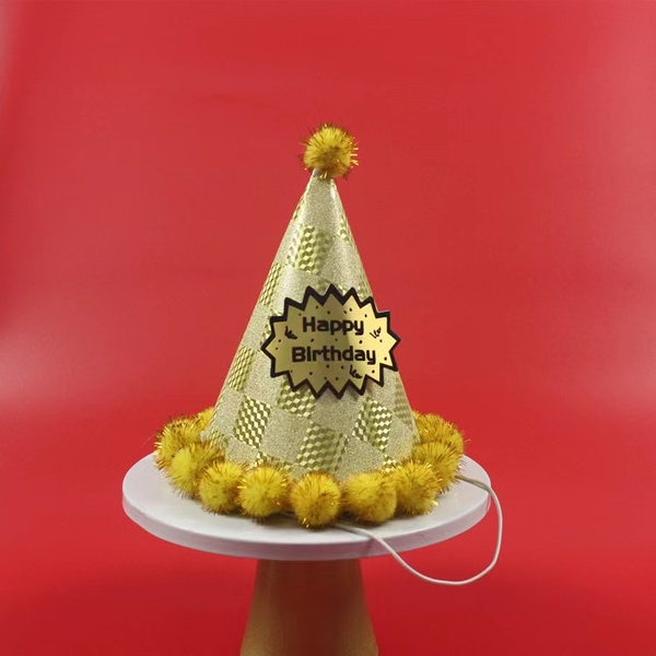 set 10 Mũ ép kim gắn quả bông-MÀU VÀNG (17x19cm).