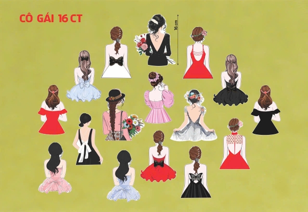 Set 16 thẻ cô gái giấy in 2 mặt mix mẫu (Mẫu quay lưng).